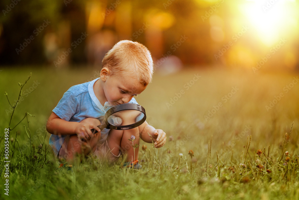 Wall mural portrait of little boy posing outside