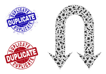 Round DUPLICATE corroded stamps with text inside round forms, and shard mosaic double back arrow icon. Blue and red stamps includes DUPLICATE text. Double back arrow collage icon of fragment parts.