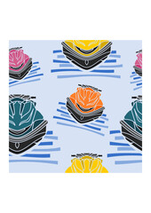 Editable Front View Personal Watercraft or Water Scooter in Various Colors on Calm Water Vector Illustration as Seamless Pattern for Creating Background of Transportation or Recreation Related Design