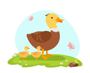 Cute duck with ducklings vector flat illustration with landscape isolated on white background. Mallard or dabbling duck. Farm bird animal cartoon character on a grass. Wild avian species, waterfowl.
