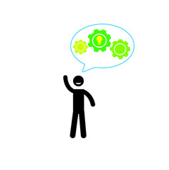 a stick man and a light bulb with gears on an information bubble, an idea concept, a pictogram of a human figure, a businessman