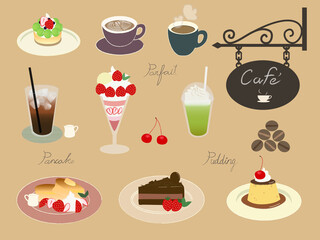 楽しいリラックスしたお茶の時間：カフェのスイーツセット,パンケーキ, 昔プリン, ガトーショコラ, パフェ,抹茶ラテなど