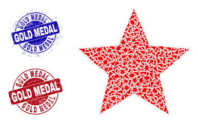 Round GOLD MEDAL dirty stamp seals with text inside round shapes, and fraction mosaic red star icon. Blue and red stamp seals includes GOLD MEDAL text. Red star collage icon of shatter particles.