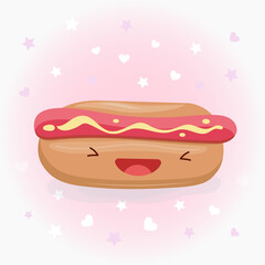 Cute hot dog vector icon illustration. Hot dog sticker cartoon logo. Food icon concept.  Flat cartoon style suitable for web landing page, banner, sticker, background. Kawaii hot dog.