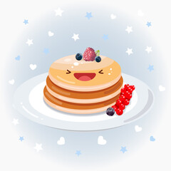 Cute pancakes vector icon illustration. Pancakes sticker cartoon logo. Food icon concept.  Flat cartoon style suitable for web landing page, banner, sticker, background. Kawaii pancakes with berries.