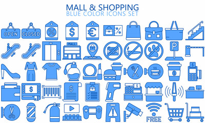 Fototapeta na wymiar Market and Shopping mall, retail, blue color icons set with sale offer and payment symbols. Outline icons collection. Used for web, UI, UX kit and applications, vector EPS 10 ready convert to SVG