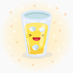Cute glass of juice with ice vector icon illustration. Sticker cartoon logo. Food icon concept.  Flat cartoon style suitable for web landing page, banner, sticker, background. Kawaii glass of juice.
