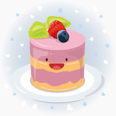 Cute cake, pastry, soufflé with berry top vector icon illustration. Cake, pastry, soufflé sticker cartoon logo. Food icon concept.  Flat cartoon style suitable for web landing page, banner, sticker.