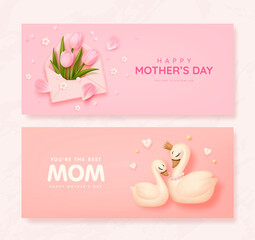 Fototapeta na wymiar Mother's day horizontal poster or banner set with envelope, tulips and cartoon swan on pink background