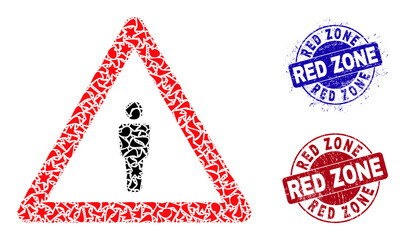 Round RED ZONE rubber stamp seals with text inside round forms, and shard mosaic human warning icon. Blue and red stamp seals includes RED ZONE text. Human warning collage icon of shard elements.