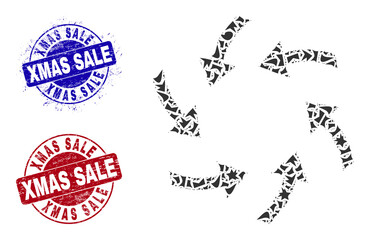 Round XMAS SALE dirty stamp seals with text inside round shapes, and fraction mosaic swirl arrows icon. Blue and red stamps includes XMAS SALE text. Swirl arrows collage icon of shards particles.