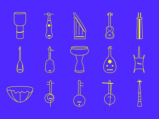 islamic arab traditional music instrument line icon set