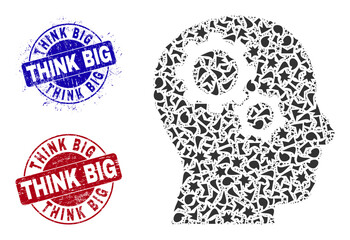 Round THINK BIG rubber stamp seals with tag inside round shapes, and debris mosaic brain gears icon. Blue and red seals includes THINK BIG text. Brain gears mosaic icon of debris particles.