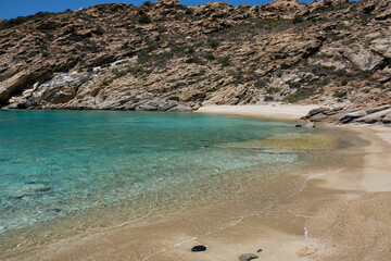 Panoramic view of the stunning turquoise beach of Tripiti in Ios Greece