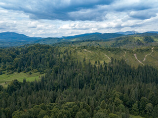 Fototapeta na wymiar Green mountains of Ukrainian Carpathians in summer. Coniferous trees on the slopes. Aerial drone view.