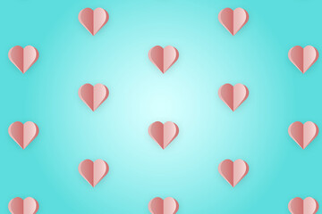 seamless pattern of paper cut, pink hearts in bright blue background
