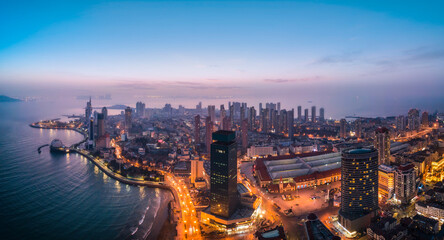 Fototapeta premium Aerial photography of Qingdao coastline bay area night scene large format