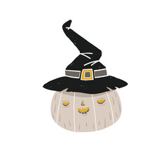 Halloween cartoon pumpkin with black witches hat. Jack O lantern. Vector halloween illustration isolated on the white background.