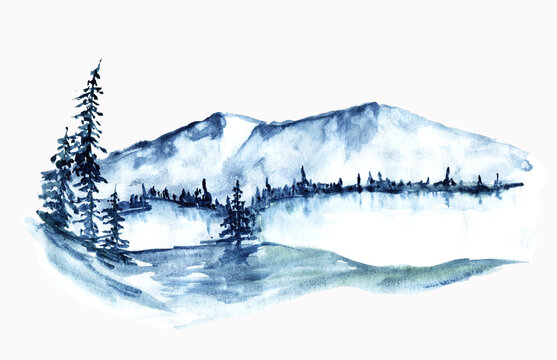 Elements with a watercolor background with mountains, trees, lakes. Suitable for greeting cards, invitations, design works, crafts and is perfect