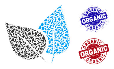Round ORGANIC rubber prints with caption inside round forms, and debris mosaic flora plant icon. Blue and red seals includes ORGANIC caption. Flora plant collage icon of fraction elements.