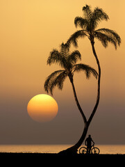 Tropical ocean sunset scene. Coconut tree growing near the ocean and a cyclist resting under a palm tree and watching the orange tropical sunset