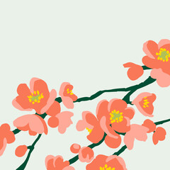 Quince flower. Spring flowering bushes. Vector flowers on branches. Seasonal flowers. Japanese quince