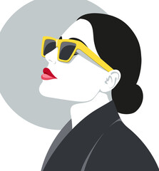1288_Beautiful woman wearing black coat a yellow sunglasses