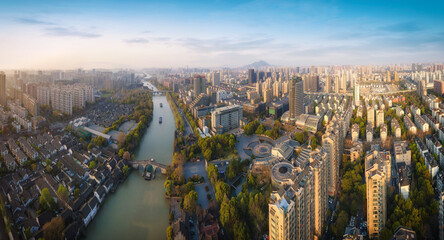 aerial photography hangzhou city center building landscape skyline panorama