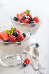 Cold and delicious Panna Cotta served in glass with berries.