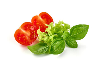 Basil leaves with lettuce and cherry tomatoes, isolated on white background.