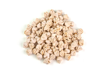 Homemade italian ravioli pasta with soy, isolated on white background.