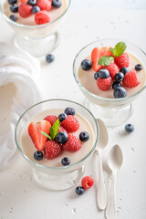 White and sweet Panna Cotta made of milk and berries.