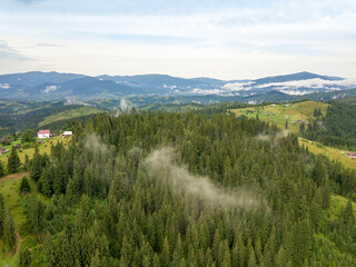 Ukrainian Carpathians mountains on a summer morning. Aerial drone view.