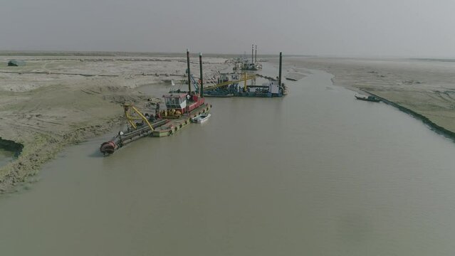 Excavation of river Padma - Sand extraction in Padma river in bangladesh - Aerial view of D-log footage