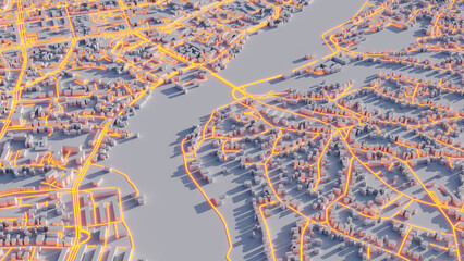 Artistic 3d render of a town on the river. Luminous lines symbolize various city communications entangling the city.