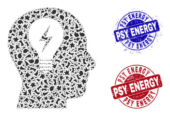 Round PSY ENERGY rough seals with tag inside round shapes, and detritus mosaic head bulb icon. Blue and red stamp seals includes PSY ENERGY title. Head bulb mosaic icon of debris particles.
