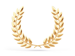 Golden laurel wreath isolated on white background. Trophy, award, champion concept. 3d rendering