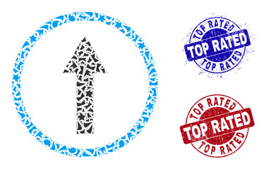 Round TOP RATED corroded stamp seals with text inside circle forms, and shard mosaic up rounded arrow icon. Blue and red seals includes TOP RATED title. Up rounded arrow mosaic icon of shatter items.