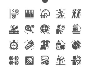Sport school. Leisure activity, healthy and equipment. Basketball, swimming, volleyball, tennis, archery, football and other. Vector Solid Icons. Simple Pictogram