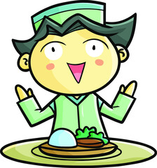 Funny muslim boy with green shirt pray before eating in cartoon style