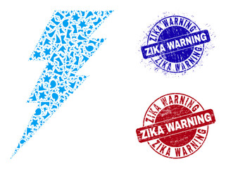 Round ZIKA WARNING textured stamps with text inside round shapes, and fraction mosaic execute icon. Blue and red stamps includes ZIKA WARNING text. Execute mosaic icon of fragment elements.