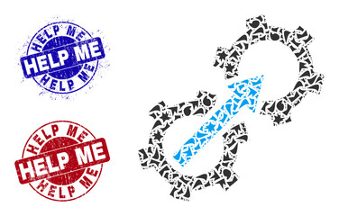 Round HELP ME dirty seals with text inside round shapes, and spall mosaic gear integration icon. Blue and red stamp seals includes HELP ME tag. Gear integration mosaic icon of fragment parts.