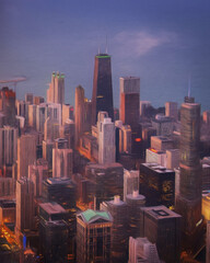 Obraz premium Chicago USA city center skyscrapers and architecture, America travel downtown, drawing in oil wall art print for canvas or paper poster, tourism production design real painting modern artistic artwork