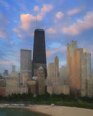 Fototapeta premium Chicago USA city center skyscrapers and architecture, America travel downtown, drawing in oil wall art print for canvas or paper poster, tourism production design real painting modern artistic artwork