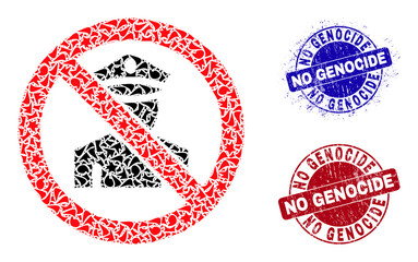 Round NO GENOCIDE dirty stamp seals with caption inside circle shapes, and shard mosaic stop policeman icon. Blue and red stamps includes NO GENOCIDE text.