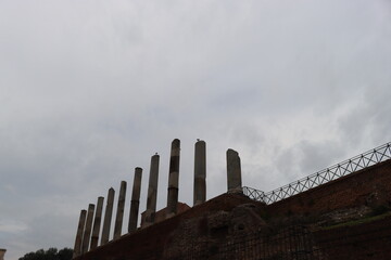 ROME, ITALY - February 05, 2022: Panoramic view around the Colosseum in city of Rome, Italy. Cold and gray sky in the background. Macro photography of the green parks with the old buildings.