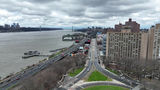 aerial cars on west side highway upper westside Manhattan NYC