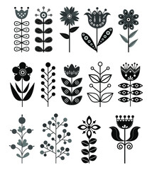 Set of vector design elements and illustrations. Scandinavia, folk, flowers, geometry set.