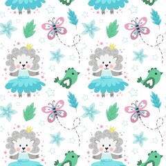 Vector seamless pattern of sheep, butterflies, birds. Spring background.