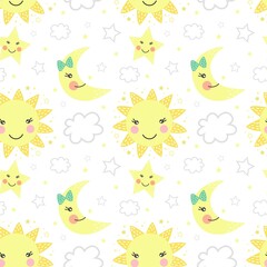 Vector seamless pattern of month, moon, clouds. Spring background.